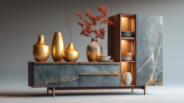 Modern luxury slate sideboard with elegant golden art vases