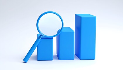 Magnifying glass rests on blue bar graph, symbolizing data analysis and business growth