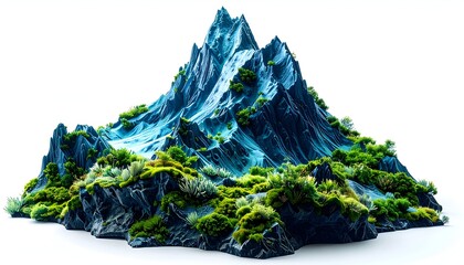 Miniature, stylized, jagged mountain range, textured, with patches of vibrant green vegetation