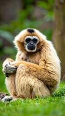 Obraz premium Adorable primate embraces infant against blurred green and brown backdrop