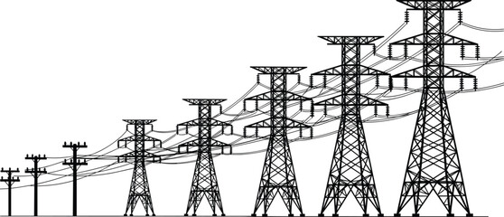 Electrical transmission towers and utility poles progression, power distribution infrastructure illustration, high voltage lines, energy grid system, electricity supply network vector art © Manu