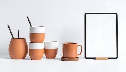 Modern minimalist workspace with terracotta cups, pencils, and blank tablet on white backdrop
