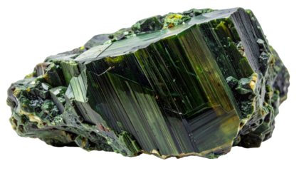 Close-up of a vibrant green crystalline mineral specimen with facets