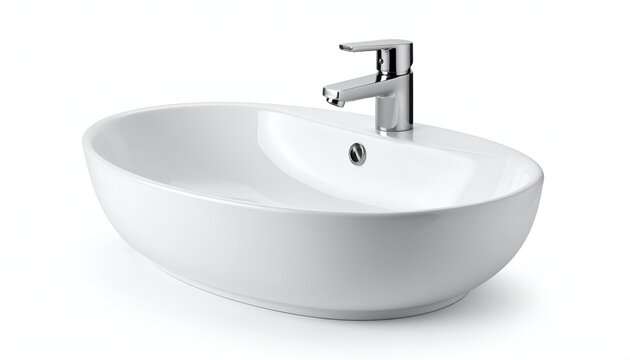 Modern, white oval bathroom sink with a chrome faucet, isolated on a white background
