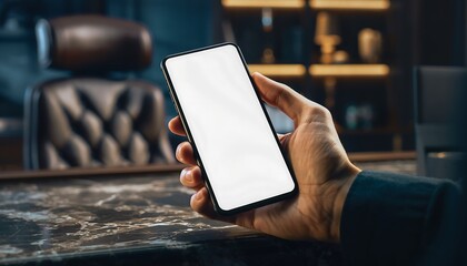 Businessman holding smartphone with blank screen in modern office