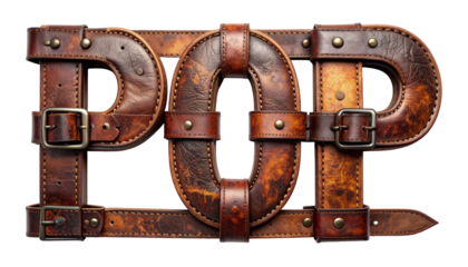Three leather letters spelling POP, held together by buckles and belts