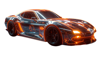 Futuristic chrome sports car with orange neon highlights, angled view