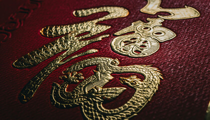 The Dragon Embossing Close-up. Chinese New Year. An extreme close-up, ultra-realistic shot focusing solely on the intricate gold foil embossing of a dragon motif on a red envelope.
