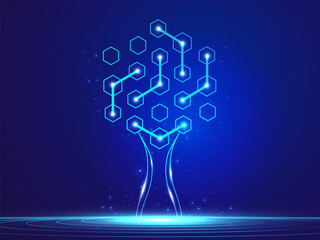 Futuristic Digital Tree of Artificial Intelligence hexagon Neural network lines future of technology Vector Design Concept for Neural Connections, Machine Learning, AI Technology, advanced technology.