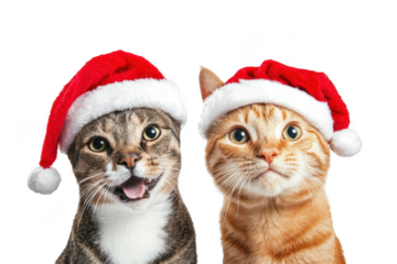 Two cats wearing santa hats, festive and adorable, isolated on transparent background