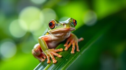 Fototapeta premium Tree frog perched on tropical leaf, wildlife in natural habitat.