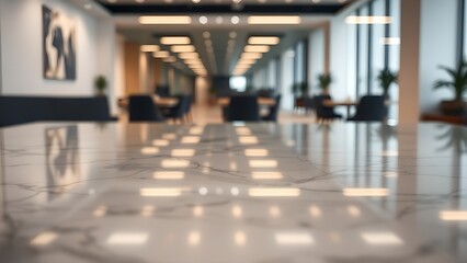 Polished marble tabletop reflecting abstract shapes with a blurred office environment in the background.