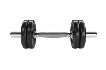 Silver dumbbell bar with black weights, fitness equipment for strength training and exercise, isolated on transparent background