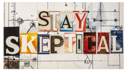 Stay Skeptical" message formed with ransom-note style cut-out letters