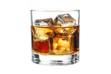A glass of whiskey with ice cubes, a classic drink for relaxation and enjoyment, isolated on transparent background