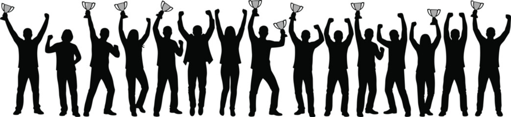Silhouette of winning team holding trophies, group success celebration, business achievement concept, teamwork victory, leadership motivation, competition award, champions illustration