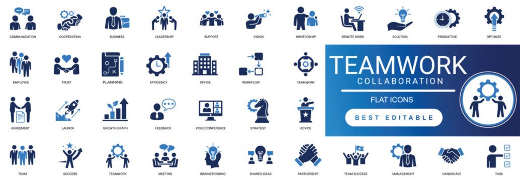 Teamwork solid icons featuring collaboration cooperation partnership community, unity business management organization team, and support help people group editable vector icons