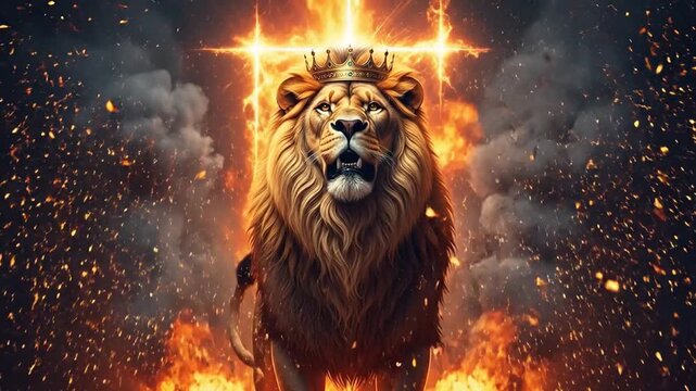 Lion engulfed in dramatic fire and smoke, symbolizing power and faith.