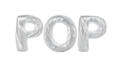 POP" text rendered with a 3D, swirling, iridescent, white satin texture