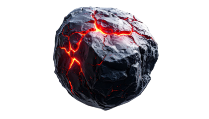 Scorched asteroid with glowing cracks against a black background