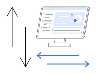 Data management, information flow, analytics, dashboard visualization, data synchronization, digital communication. Computer monitor with dashboard and directional arrows. Data management © robu_s