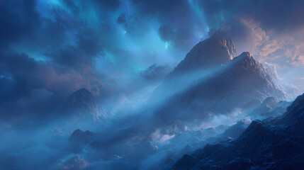 Majestic mountain range under a cloudy sky, The composition evokes a sense of wonder and vastness