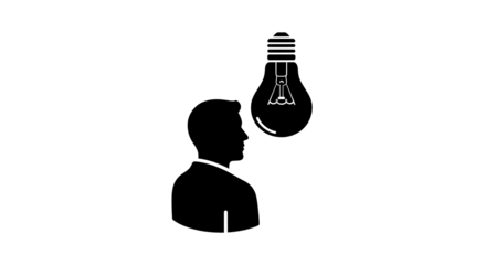 Silhouette of a man with a lightbulb above his head representing idea and inspiration in business and innovation with concept and creativity