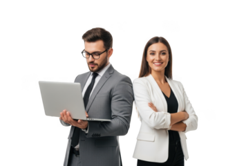 Professional man and woman in business attire standing together with a laptop isolated on transparent background