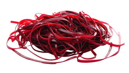 Vivid red beetroot pasta, long, ribbon-like strands, black background