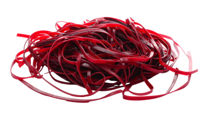 Vivid red beetroot pasta, long, ribbon-like strands, black background