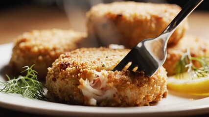 Golden-brown croquettes on a plate with dill, and lemon; a fork presses one, showing a crispy crust