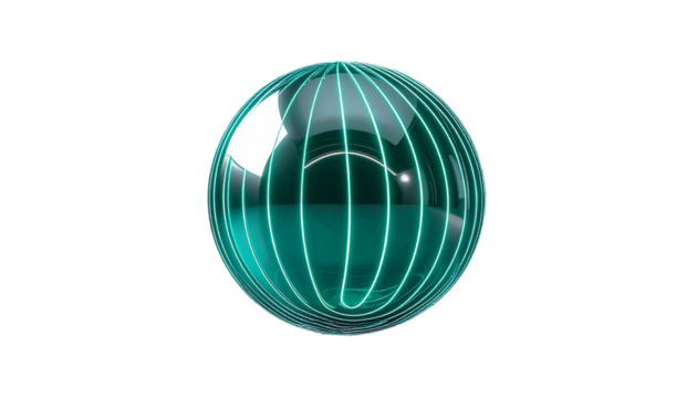 Glossy teal sphere with glowing lines, set against a stark black backdrop - Powered by Adobe