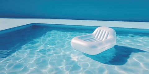 A serene, minimalist scene featuring a white inflatable lounge chair floating in a clear blue swimming pool under a bright sky.
