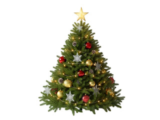 Fototapeta premium Festive Evergreen Tree with Ornaments and Star Isolated on White or Transparent Background