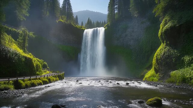 Scenic Waterfall Surrounded by Lush Greenery and Trees in a Breathtaking Landscape