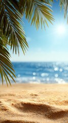 Fototapeta premium A serene beach scene with golden sand, gentle waves, and palm leaves framing the bright blue sky and sparkling ocean.
