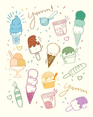 Playful collection of colorful ice cream cones, popsicles, sundaes and sweet treats in doodle style. Perfect for summer designs, stickers, kids menus, social media graphics and packaging.