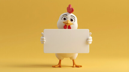 Cute cartoon chicken holding blank sign on yellow background