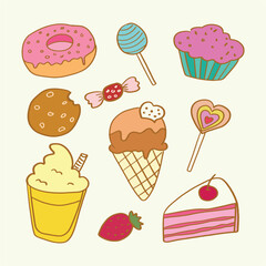 Bright and playful dessert icon set featuring donuts, cupcakes, ice cream, cookies and cakes. Perfect for bakery branding, stickers, kids designs, posters, Instagram posts and packaging.