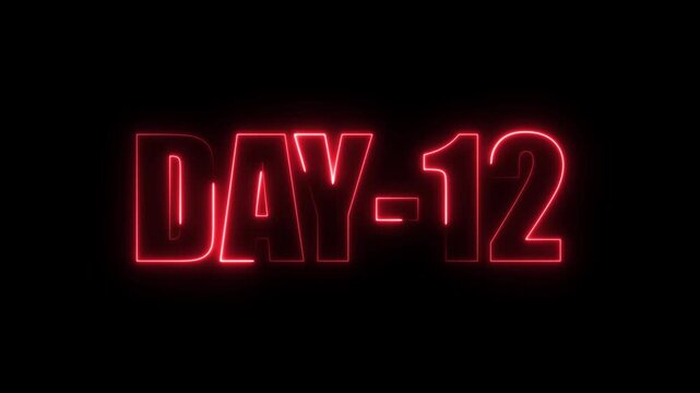 Neon Days 12 text animation , 12 Day To Go glowing neon animated . Neon text day-12 animation on black background. calendar, text, number, days, date, counter neon text concept.