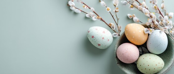 Obraz premium Soft Spring Background with Gentle Light and Colorful Decorated Eggs Surrounded by Delicate Flowers in a Serene Setting