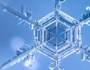 Microscopic View of a Perfect Hexagonal Snowflake - Extreme Close-up of Ice Crystal Structure on Blue Background