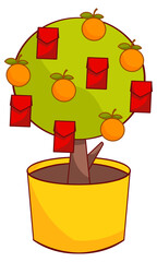 Chinese New Year orange tree with red envelopes symbolizing good luck and fortune.