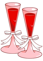 Pair of romantic celebration glasses with red drink and ribbon for Valentine and love themes.