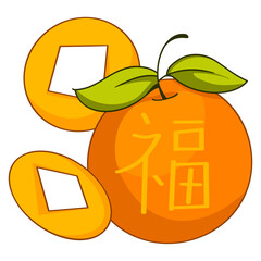 Orange with Chinese gold coins and &ldquo;Fu&rdquo; character symbolizing luck, wealth, and good fortune.