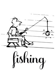 Minimal black and white line art illustration of a man fishing while sitting calmly, drawn in a hand-sketched ink style with a playful, conceptual feel. The fishing hook forms a light bulb shape.