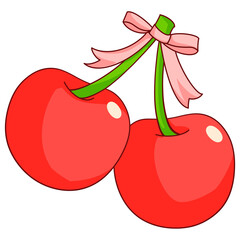 Cute pair of red cherries tied with pink ribbon, sweet romantic fruit illustration.