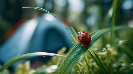 Fresh green grass glistens in sunlight, showcasing a ladybug resting peacefully among the blades Generative AI