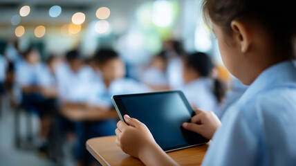 Fototapeta premium A young student focuses on a tablet amid lively classmates in a dynamic learning environment Generative AI