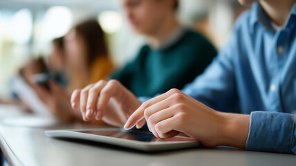 High school students are actively using tablets to learn new concepts in a vibrant classroom Generative AI